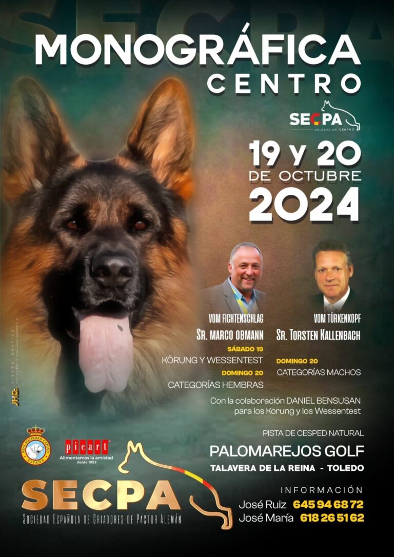 Estimados amigos y amantes del Pastor alemán, nos hace mucha ilusión informaros del gran evento que vamos a llevar a cabo en la monográfica de la SECPA centro, que se celebrará en Talavera de la Reina el próximo mes de Octubre. Un acontecimiento en el que estamos trabajando para que pasemos juntos un fin de semana inolvidable y así, poder disfrutar de esta maravillosa afición que nos une a todos, para ello hemos escogido un magnífico lugar donde disfrutaremos de nuestros perros en un marco incomparable. Os esperamos. Organiza SECPA con la colaboración de la RSCE ( FCI )